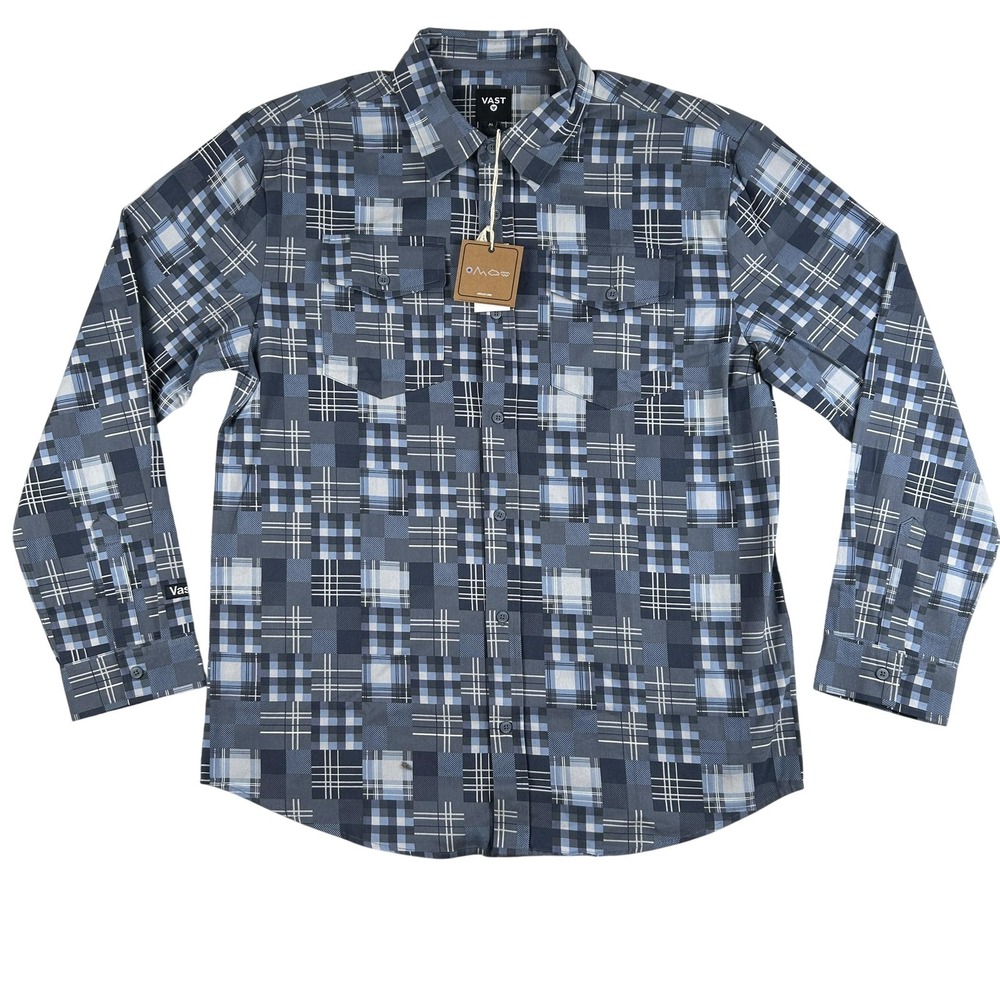 Vast Shirt Mens XL Blue Abstract Plaid Long Sleeve Button Front Casual‎ Cotton